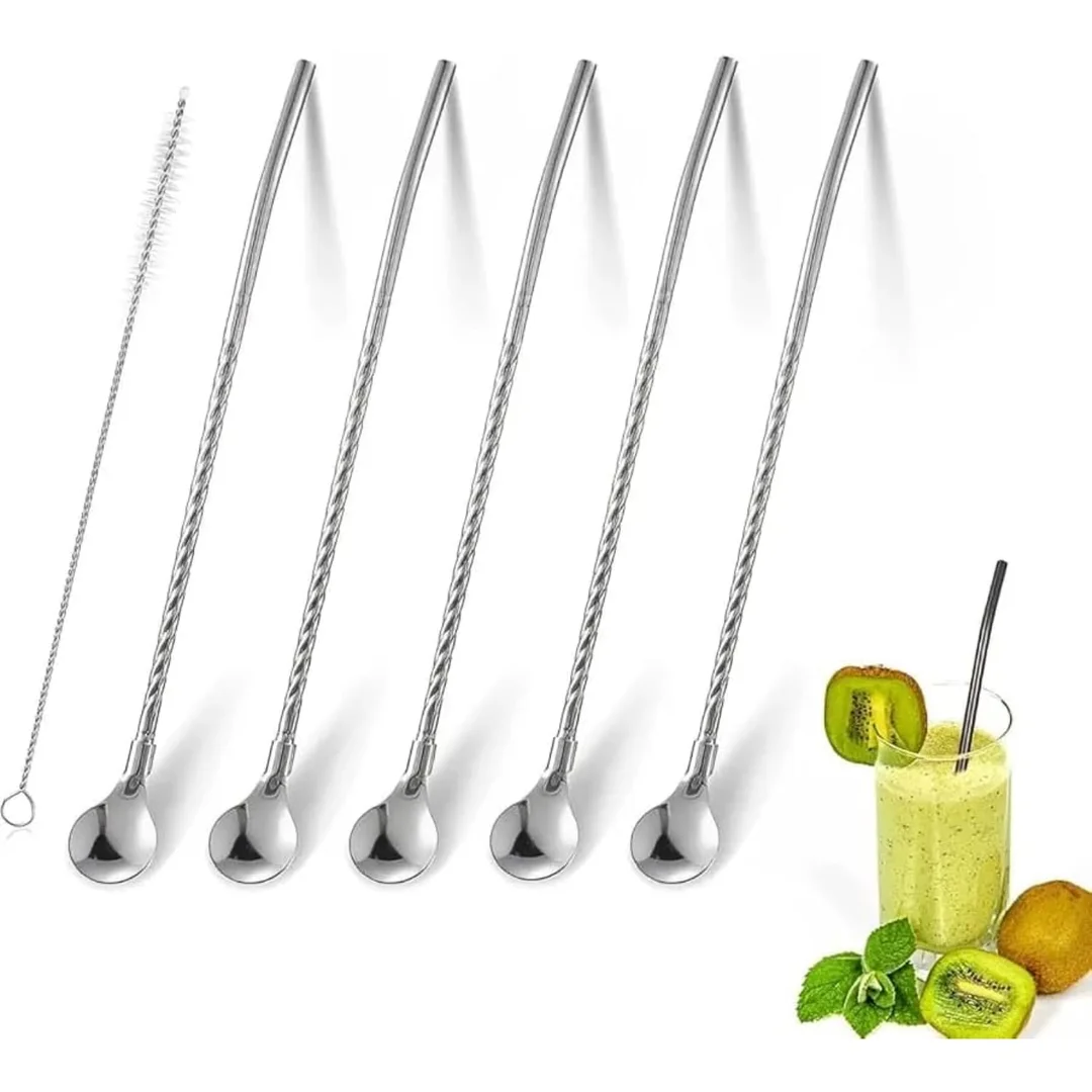 Stainless Steel Drinking Straw Spoon Set with Cleaning Brush | Reusable Spoon Straws for Coffee, Milkshakes, Cocktails & Smoothies | Eco-Friendly Stirrer Spoon for Kids & Adults (Pack of Straws) image 3