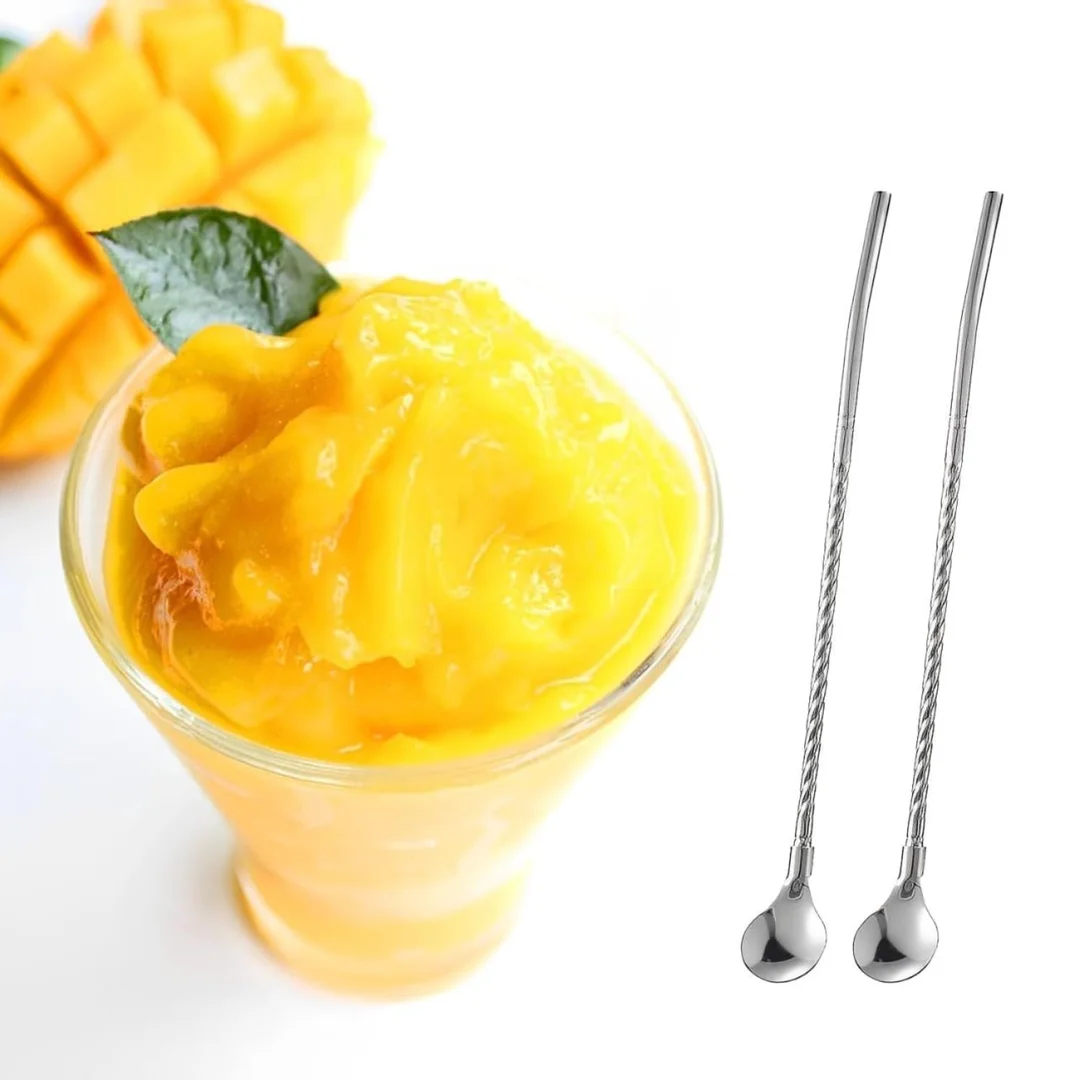 Stainless Steel Drinking Straw Spoon Set with Cleaning Brush | Reusable Spoon Straws for Coffee, Milkshakes, Cocktails & Smoothies | Eco-Friendly Stirrer Spoon for Kids & Adults (Pack of Straws) image 2