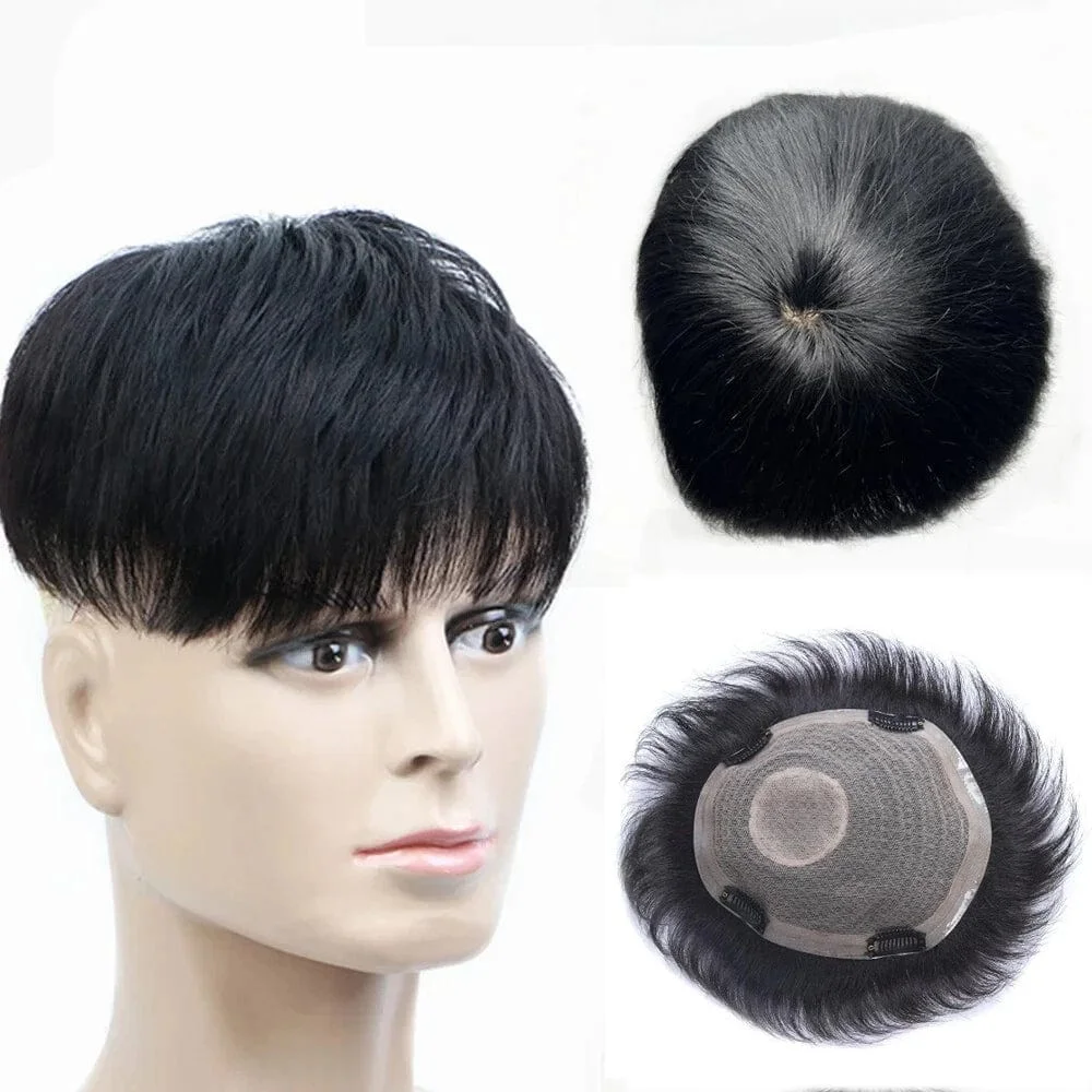 Ritzkart Men's Black Short Straight Hair Patch with Front Fringe Natural Look Clip-On Hair Topper for Baldness Coverage Daily Wear Party Styling and Fashion Grooming image 1