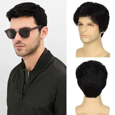 Ritzkart Men's Black Short Straight Hair Wig with Natural Front Hairline Premium Synthetic Hair Patch for Baldness Coverage Daily Wear Party Styling and Fashion Grooming thumbnail 2