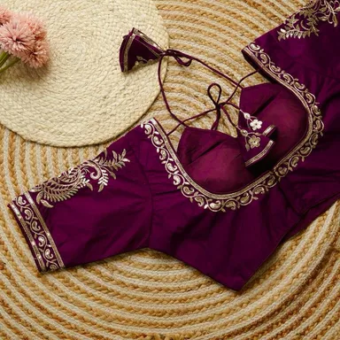 Deep Purple Silk Blend Embroidered Readymade Blouse with Heavy Zari and Sequins Work and Stylish Dori Back Design Deep Purple Silk XXL thumbnail 1