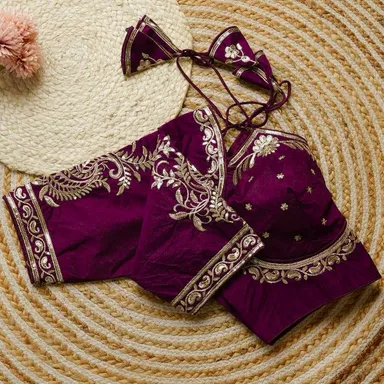 Deep Purple Silk Blend Embroidered Readymade Blouse with Heavy Zari and Sequins Work and Stylish Dori Back Design Deep Purple Silk XXL thumbnail 3