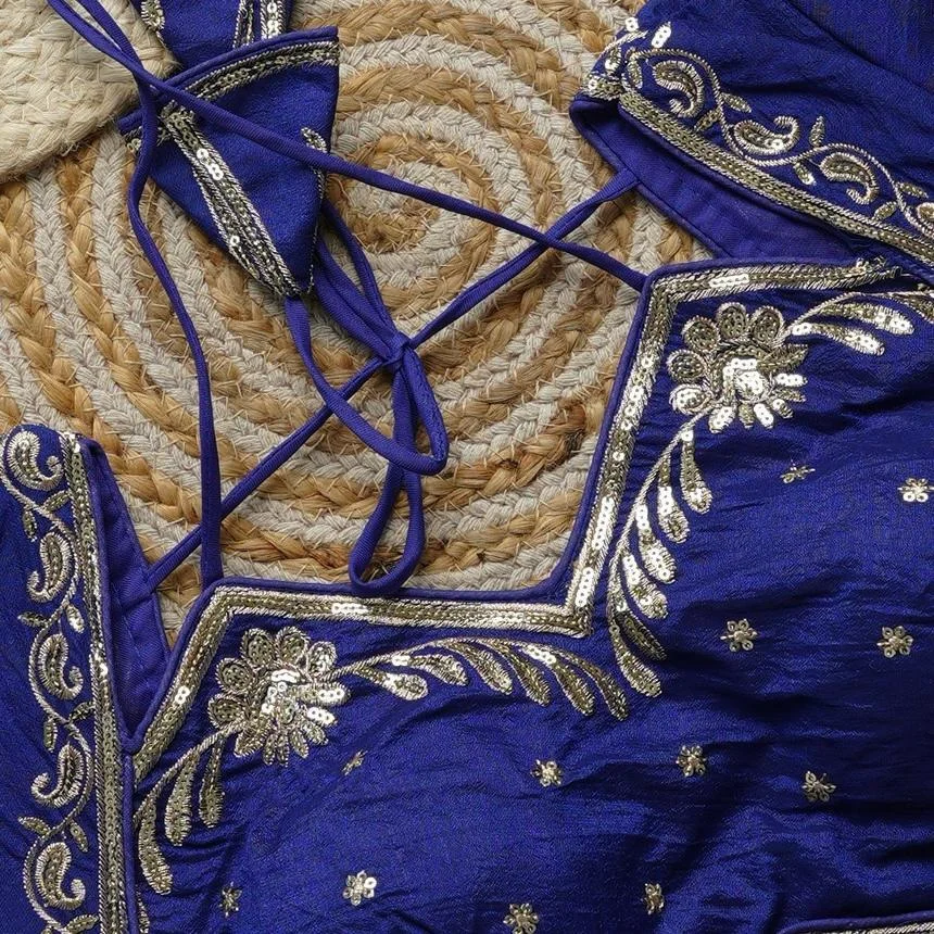Royal Blue Art Silk Sleeveless Blouse with Silver Sequin & Zari Embroidery |Dori Back Closure Blue Art Silk XXL image 3