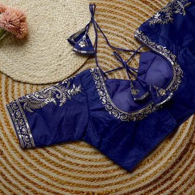 Royal Blue Art Silk Sleeveless Blouse with Silver Sequin & Zari Embroidery |Dori Back Closure Blue Art Silk XXL thumbnail 1