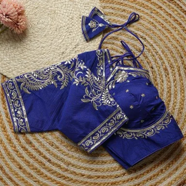 Royal Blue Art Silk Sleeveless Blouse with Silver Sequin & Zari Embroidery |Dori Back Closure Blue Art Silk XXL thumbnail 3