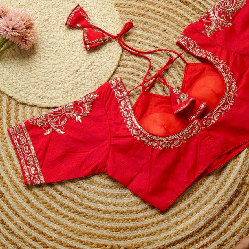 Red Silk Sleeveless Designer Blouse with Heavy Zardosi and Sequins Hand Embroidery featuring Dori Back Closure Red Silk XXL image 2