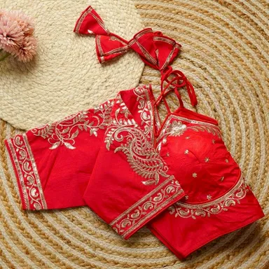 Red Silk Sleeveless Designer Blouse with Heavy Zardosi and Sequins Hand Embroidery featuring Dori Back Closure Red Silk XXL thumbnail 3