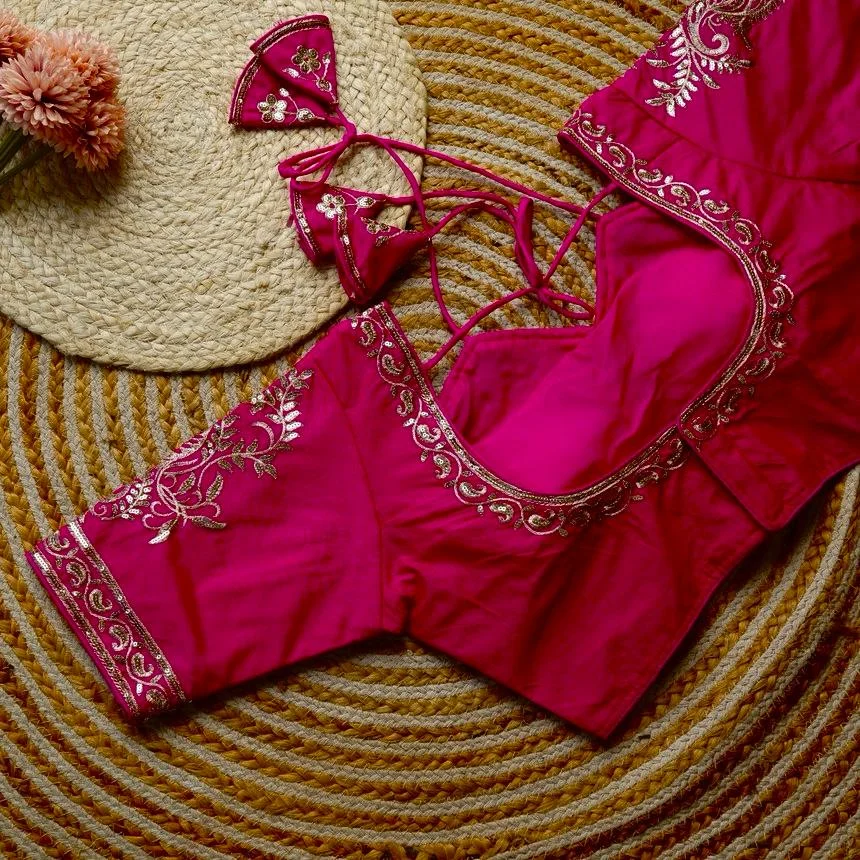 Pink Sleeveless Silk Blouse with Intricate Zardosi and Sequins Embroidery Featuring Dori Back Closure Pink Sleeveless Silk M image 2