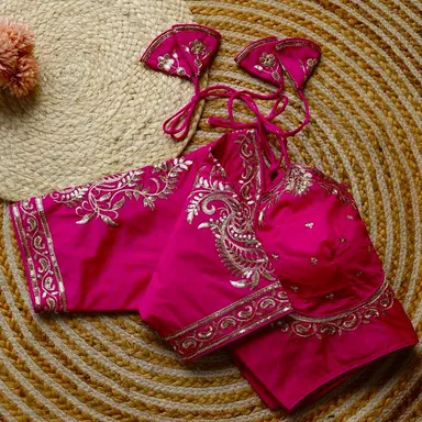 Pink Sleeveless Silk Blouse with Intricate Zardosi and Sequins Embroidery Featuring Dori Back Closure Pink Sleeveless Silk 3XL thumbnail 3