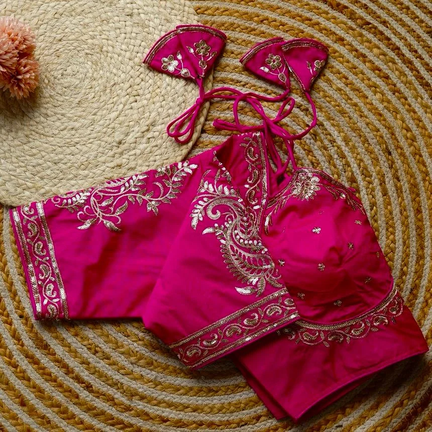 Pink Sleeveless Silk Blouse with Intricate Zardosi and Sequins Embroidery Featuring Dori Back Closure Pink Sleeveless Silk XS image 4