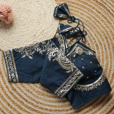 Navy Blue Silk Blouse with Intricate Silver Sequin Embroidery and Back Tie-Up Detail Navy Blue XXL thumbnail 2