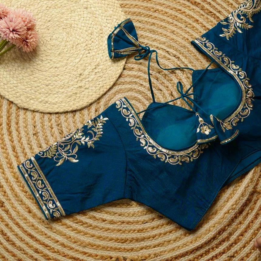Navy Blue Silk Blouse with Intricate Silver Sequin Embroidery and Back Tie-Up Detail Navy Blue XXL image 2