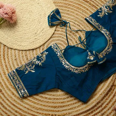 Navy Blue Silk Blouse with Intricate Silver Sequin Embroidery and Back Tie-Up Detail Navy Blue XXL thumbnail 1