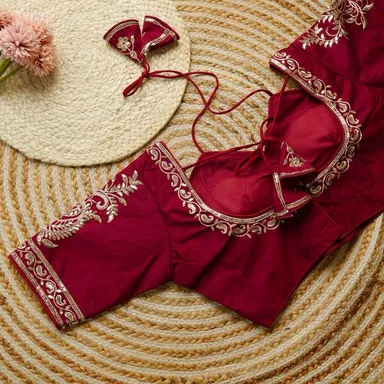 Maroon Silk Readymade Saree Blouse with Intricate Golden Zari Embroidery, Sequin Work, and Stylish Back Dori Tie-Up Maroon Silk XXL thumbnail 1