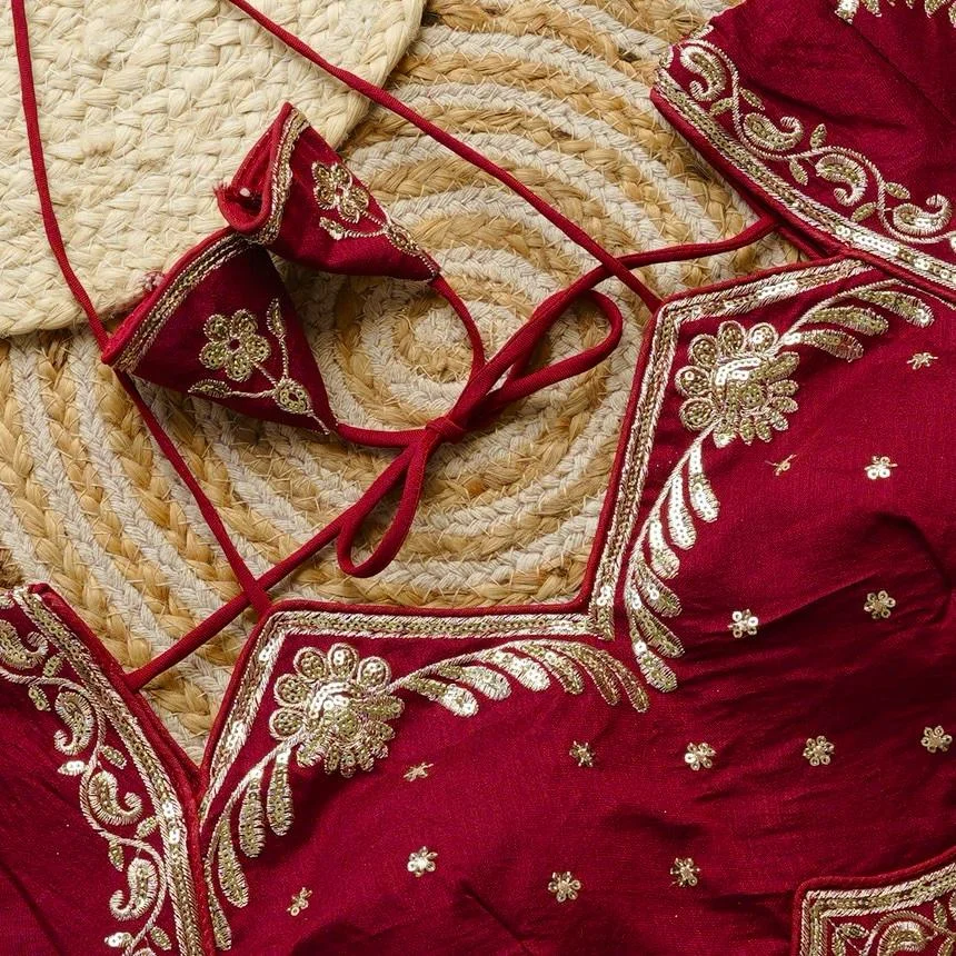 Maroon Silk Readymade Saree Blouse with Intricate Golden Zari Embroidery, Sequin Work, and Stylish Back Dori Tie-Up Maroon Silk XXL image 3