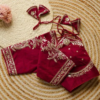 Maroon Silk Readymade Saree Blouse with Intricate Golden Zari Embroidery, Sequin Work, and Stylish Back Dori Tie-Up Maroon Silk XXL thumbnail 3