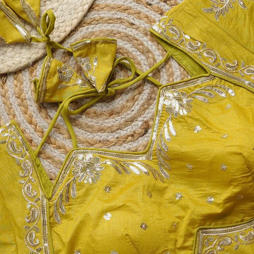Mustard Yellow Raw Silk Blouse with Intricate Silver Sequins and Zardosi Embroidery Featuring Dori Back Closure Mustard Yellow XXL image 3