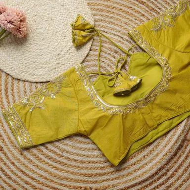 Mustard Yellow Raw Silk Blouse with Intricate Silver Sequins and Zardosi Embroidery Featuring Dori Back Closure Mustard Yellow XXL thumbnail 1
