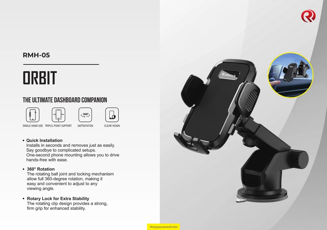 Robotek RMH-05 Orbit 360° Rotating Car Dashboard Mobile Phone Holder with Strong Suction Base, One-Hand Auto Lock Smartphone Mount Stand for Dashboard Windshield Compatible with Android and iPhone image 1
