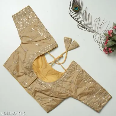Gold Raw Silk Designer Blouse with Intricate Mirror Work, Embroidered Sleeves & Dori Back Closure Gold Raw Silk Mirror XS thumbnail 1