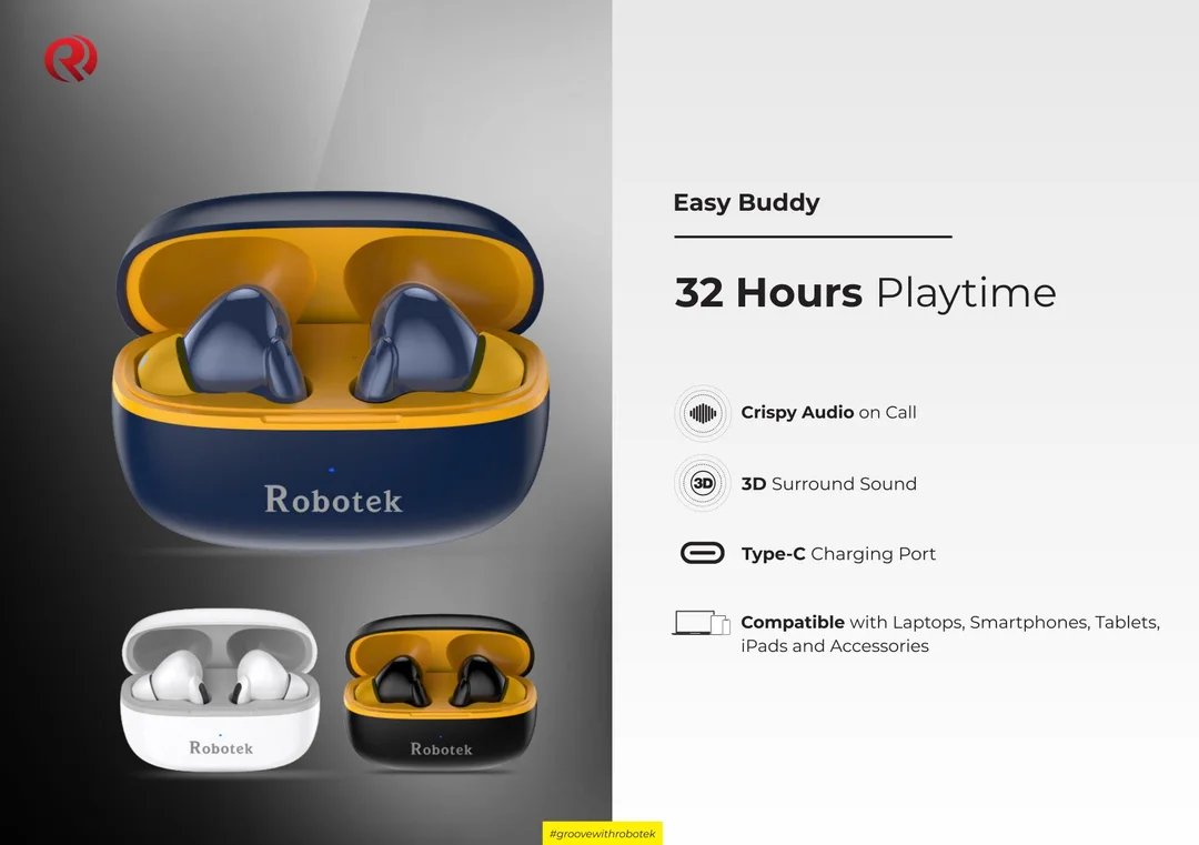 Robotek Easy Buddy True Wireless Earbuds with 32 Hours Playtime, 3D Surround Sound, Crispy Audio Calling, and Type-C Fast Charging Port image 1
