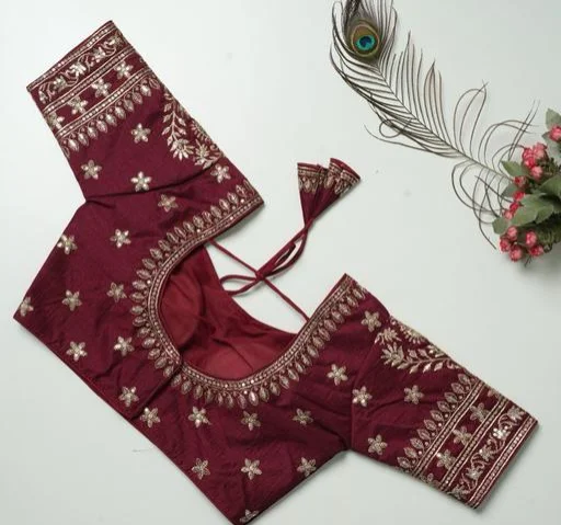 Maroon Art Silk Readymade Blouse With Heavy Sequins And Mirror Work Embroidery Featuring Traditional Dori Tassels Maroon 3XL image 2