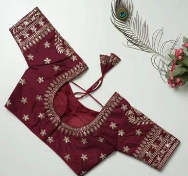 Maroon Art Silk Readymade Blouse With Heavy Sequins And Mirror Work Embroidery Featuring Traditional Dori Tassels Maroon 3XL thumbnail 1