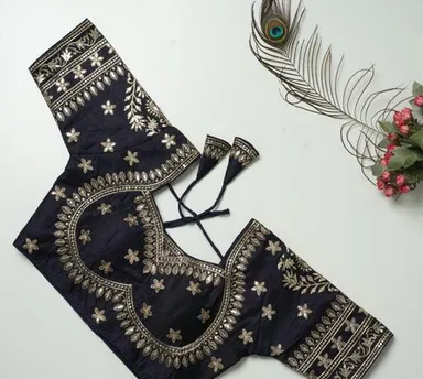 Black Art Silk Readymade Blouse with Gota Patti & Mirror Work Embroidery, Designer Ethnic Wear Blouse for Sarees Black 3XL thumbnail 1
