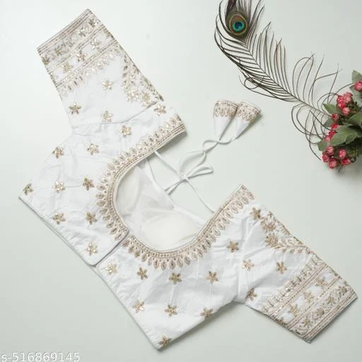 Elegant White Silk Designer Blouse with Intricate Gold Thread Embroidery, Mirror Work Accents, and Traditional Back Tie-Up Detailing White  M image 2
