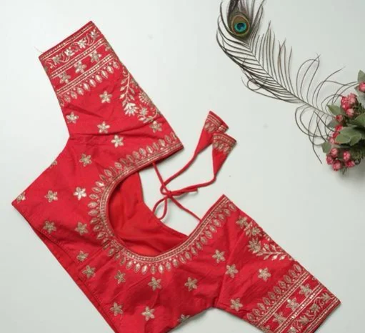 Red Silk Readymade Blouse with Gold Thread Embroidery & Sequin Work, Designer Back-Tie Dori Detail Red 3XL image 2