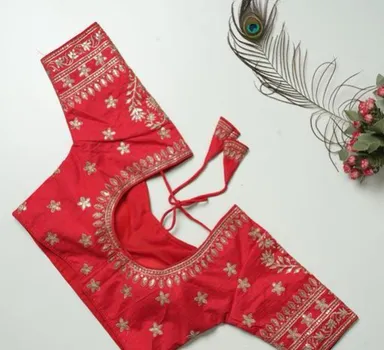 Red Silk Readymade Blouse with Gold Thread Embroidery & Sequin Work, Designer Back-Tie Dori Detail Red 3XL thumbnail 1