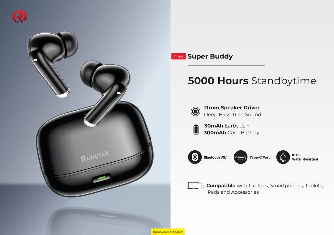 Robotek New Super Buddy True Wireless Earbuds with 5000 Hours Standby Time, 11mm Speaker Driver Deep Bass, Bluetooth V5.1, and IPX5 Water Resistance image 1