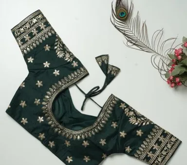 Dark Green Art Silk Readymade Designer Blouse with Heavy Zari & Mirror Work Embroidery for Festive and Wedding Wear Dark Green 3XL thumbnail 1