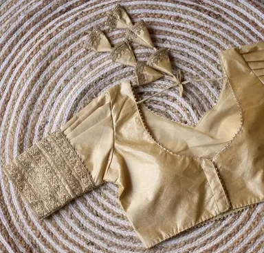 Gold Raw Silk Designer Blouse with Intricate Embroidery, Elbow-Length Sleeves & Dori Back Closure Gold S thumbnail 0