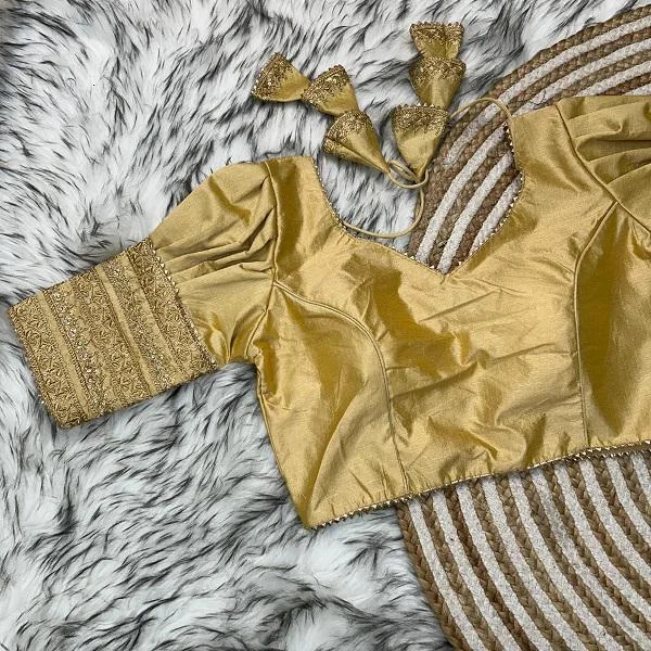 Gold Raw Silk Designer Blouse with Intricate Embroidery, Elbow-Length Sleeves & Dori Back Closure Gold XXL image 2