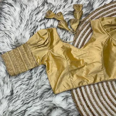 Gold Raw Silk Designer Blouse with Intricate Embroidery, Elbow-Length Sleeves & Dori Back Closure Gold XS thumbnail 1