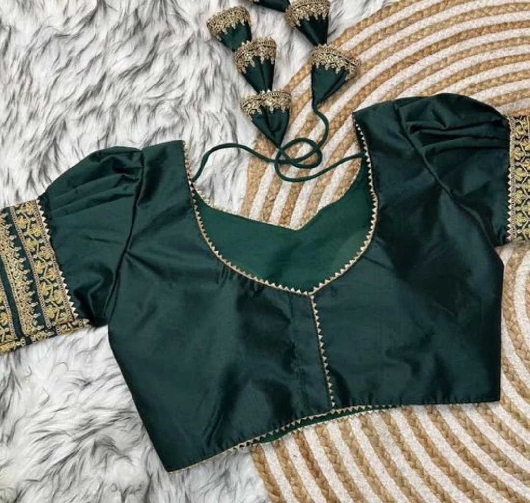 Dark Green Raw Silk Readymade Blouse with Puff Sleeves and Heavy Zari Embroidery Border for Traditional Ethnic Sarees Gold 3XL image 2