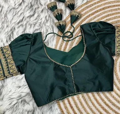 Dark Green Raw Silk Readymade Blouse with Puff Sleeves and Heavy Zari Embroidery Border for Traditional Ethnic Sarees Gold 3XL thumbnail 1