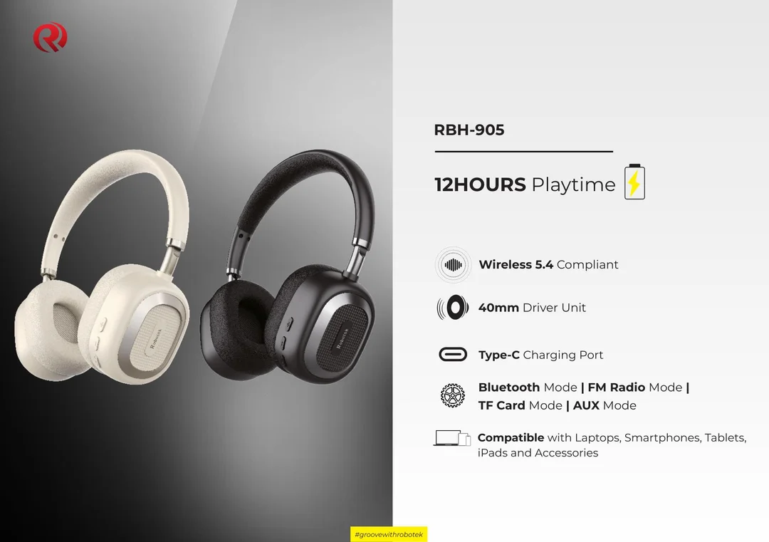 Robotek RBH-905 Wireless Bluetooth Over-Ear Headphones with 12 Hours Playtime, 40mm Driver Unit, FM Radio, TF Card & AUX Mode image 1