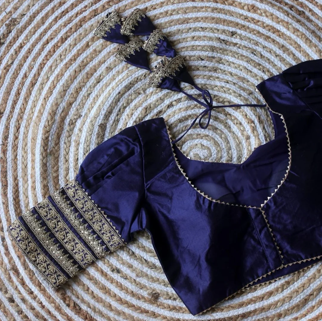Deep Navy Blue Silk Readymade Blouse with Heavy Gold Zardosi Embroidery and Latkan Details Navy Blue L image 2