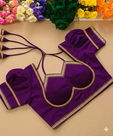 Deep Purple Cotton Silk Readymade Blouse with Puffed Sleeves, Gold Border Detailing & Backless Tie-Up Design Deep Purple M thumbnail 0