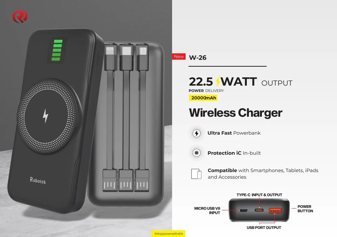 Robotek W-26 20000mAh 22.5W Fast Charging Wireless Power Bank with Magnetic Wireless Charger, Type-C PD Output, Built-in 3-in-1 Cables, LED Battery Display and Multi-Device Support for Smartphones, Tablets and Accessories image 1