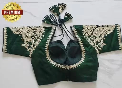Dark Green Raw Silk Readymade Designer Blouse with Intricate Zardosi and Stone Work Embellishment Dark S image 4