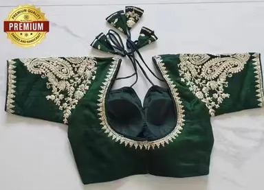 Dark Green Raw Silk Readymade Designer Blouse with Intricate Zardosi and Stone Work Embellishment Dark S thumbnail 3