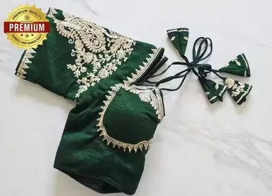 Dark Green Raw Silk Readymade Designer Blouse with Intricate Zardosi and Stone Work Embellishment Dark XS thumbnail 1