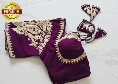 Deep Purple Designer Silk Blouse with Intricate Zardosi Embroidery and Tie-Back Detail Purple M thumbnail 1