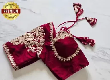 Maroon Designer Silk Blouse with Intricate Zardosi Embroidery and Tie-Back Detail Maroon XL thumbnail 1