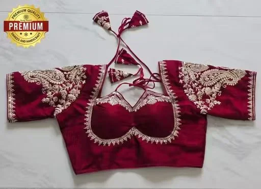 Maroon Designer Silk Blouse with Intricate Zardosi Embroidery and Tie-Back Detail Maroon XXL image 3