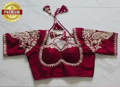 Maroon Designer Silk Blouse with Intricate Zardosi Embroidery and Tie-Back Detail Maroon XXL thumbnail 2