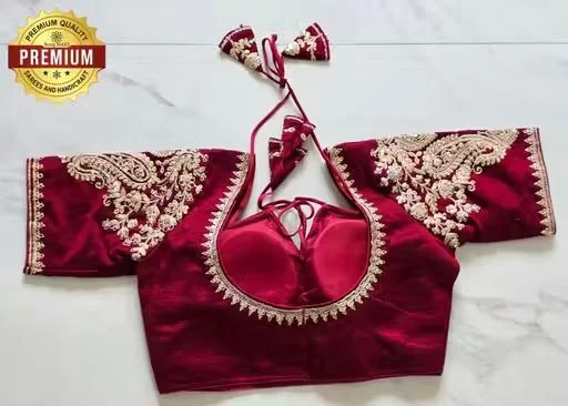 Maroon Designer Silk Blouse with Intricate Zardosi Embroidery and Tie-Back Detail Maroon XXL image 4